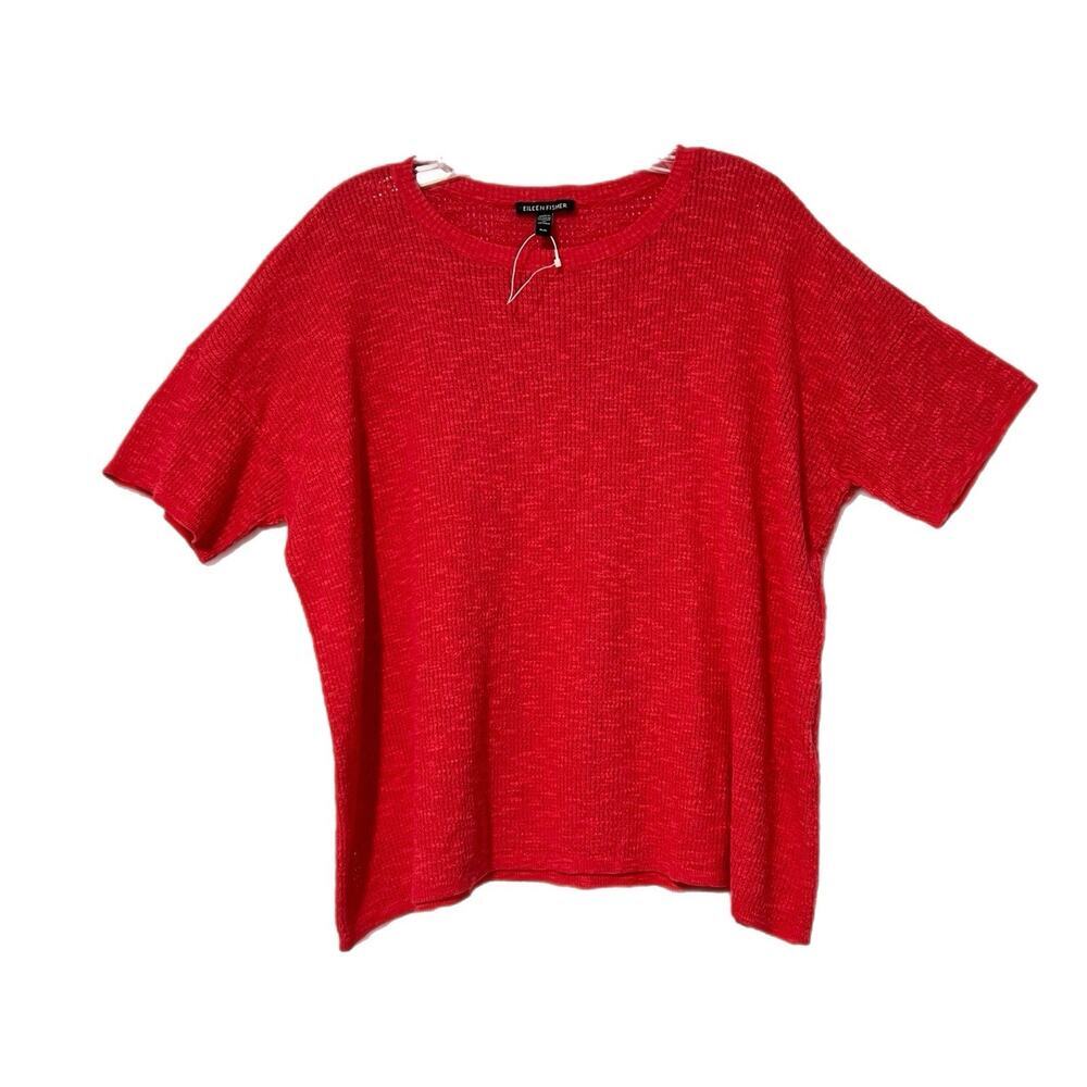 Eileen Fisher Organic Linen Cotton Slub Boxy Top M Orange Red Drop Shoulder NEW